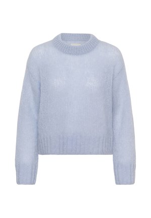 Pulover tricotat albastru deschis, cu decolteu rotund, croială scurtă și mâneci lungi cu model texturat și manșete din reiat.