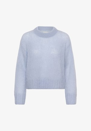 Lichtblauwe gebreide trui met een ronde hals, cropped ontwerp en lange mouwen met een gestructureerd patroon en geribbelde manchetten.