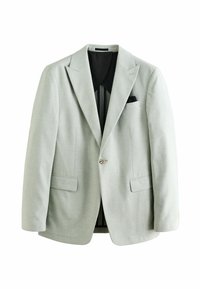 Light gray blazer with a subtle texture, peak lapels, two front pockets, single button closure, and black lining with a pocket square.