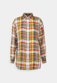Long-sleeve button-up shirt with a collar, featuring a multicolored plaid pattern in red, yellow, green, and white.