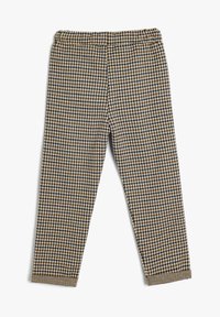 Brune og sorte houndstooth-mönstrede bukser med elastisk talje; blød tekstur; tapered ben med manchetter ved kanten.