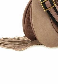 Borsa in pelle e suede marrone con dettagli in frange e hardware dorato; presenta una forma arrotondata con un finish texturizzato e una tracolla regolabile.