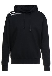 Zwarte hooded sweatshirt van katoen. Heeft een voorzak in kangoeroestijl, een capuchon met trekkoord en een witte grafische print op de linkerschouder.