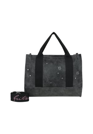 Black tote bag with textured material, contrasting smooth bottom, silver star embellishments, and two sturdy black handles. Includes a matching strap.