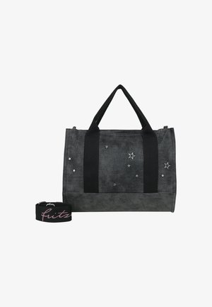 Black tote bag with textured material, contrasting smooth bottom, silver star embellishments, and two sturdy black handles. Includes a matching strap.