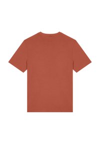 Korte mouwen T-shirt in roestkleur, gemaakt van katoen, met een ronde hals en een plain ontwerp aan de achterkant zonder patronen of accenten.