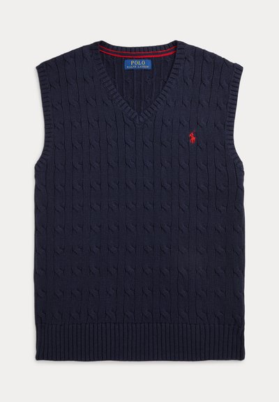 Ναυτικό αμάνικο πουλόβερ με πλέξη καλωδίων και V-λαιμό, με ριμπ μύτες και λαιμόκοψη, και μια μικρή κόκκινη λογότυπο λεπτομέρεια στο στήθος.