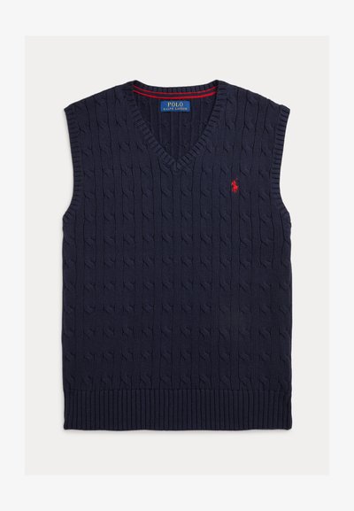 Sweater sem mangas em malha de cabos na cor azul-marinho, com decote em V, apresentando barra e gola caneladas, e um pequeno logo vermelho destacado no peito.