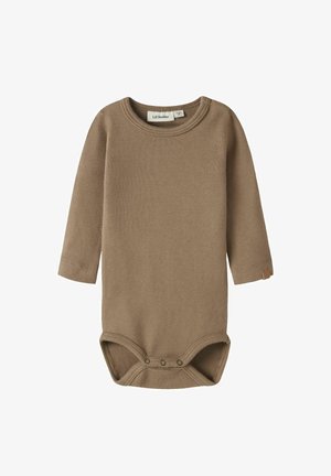 Bodysuit pour bébé à manches longues en coton marron clair, avec un col rond, des fermetures à pression en bas et un design tricoté texturé.