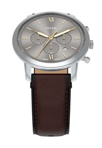 Silberfarbene Edelstahl-Uhr mit grauem Zifferblatt, goldenen Indizes und braunem Lederarmband. Verfügt über Chronographen-Subdials und Datumsanzeige.