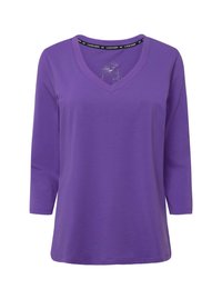 Lila V-Ausschnitt Langarmshirt mit glatter Textur und einem Logo, das im Kragen aufgedruckt ist. Einfacher, lockerer Schnitt mit mittellangen Ärmeln.