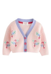 Pink knitted children's cardigan with purple trim, heart-shaped pink buttons, and embroidered floral patterns in red, blue, and green on sleeves and front.