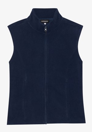Mörkblå fleeceväst med hög krage, full zip-fram och sidofickor. Slät textur, ärmlös design och enkel, odekorerad stil.