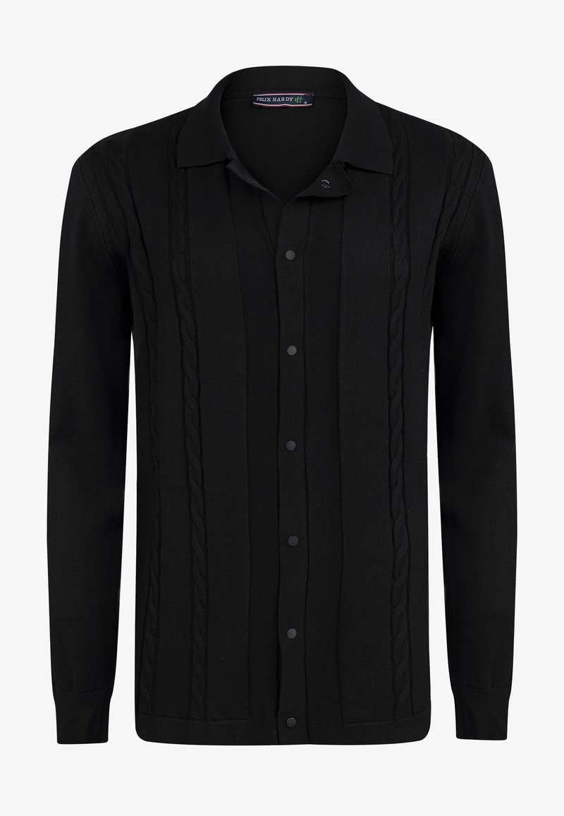 Schwarze Strickjacke mit Kragen, Knopfverschluss und Kabelstrickdetails an den Vorderseiten und Ärmeln.