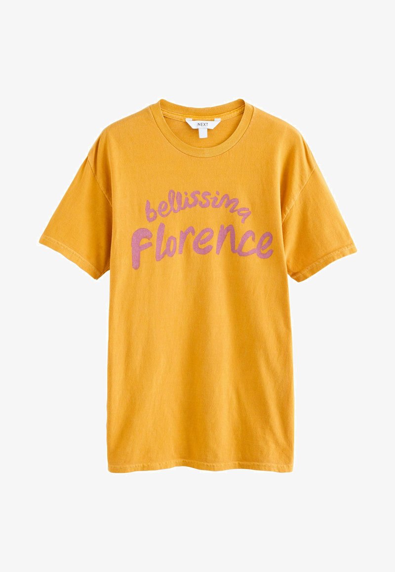 Short-sleeve, round-neck t-shirt in bright yellow cotton, featuring "bellissima Florence" in pink cursive print across the front.