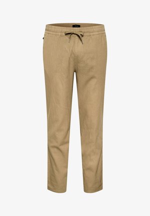 Beige Leinenmix-Hosen mit elastischem Bund und Kordelzug. Taillierte Passform mit glatter Textur und ohne sichtbare Muster.