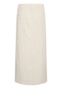 Linen midi krilo v svetlo bež barvi, z ravno silhueto, dvema zadnjima žepoma in gladko teksturo. Minimalističen dizajn, brez vidnih zapiral.