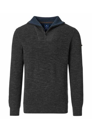Dunkelgrauer gerippter Pullover mit halbem Reißverschlusskragen, ausgestattet mit einem blauen Innenkragen und schmalen Bündchen. Hergestellt aus strukturiertem Strickstoff.