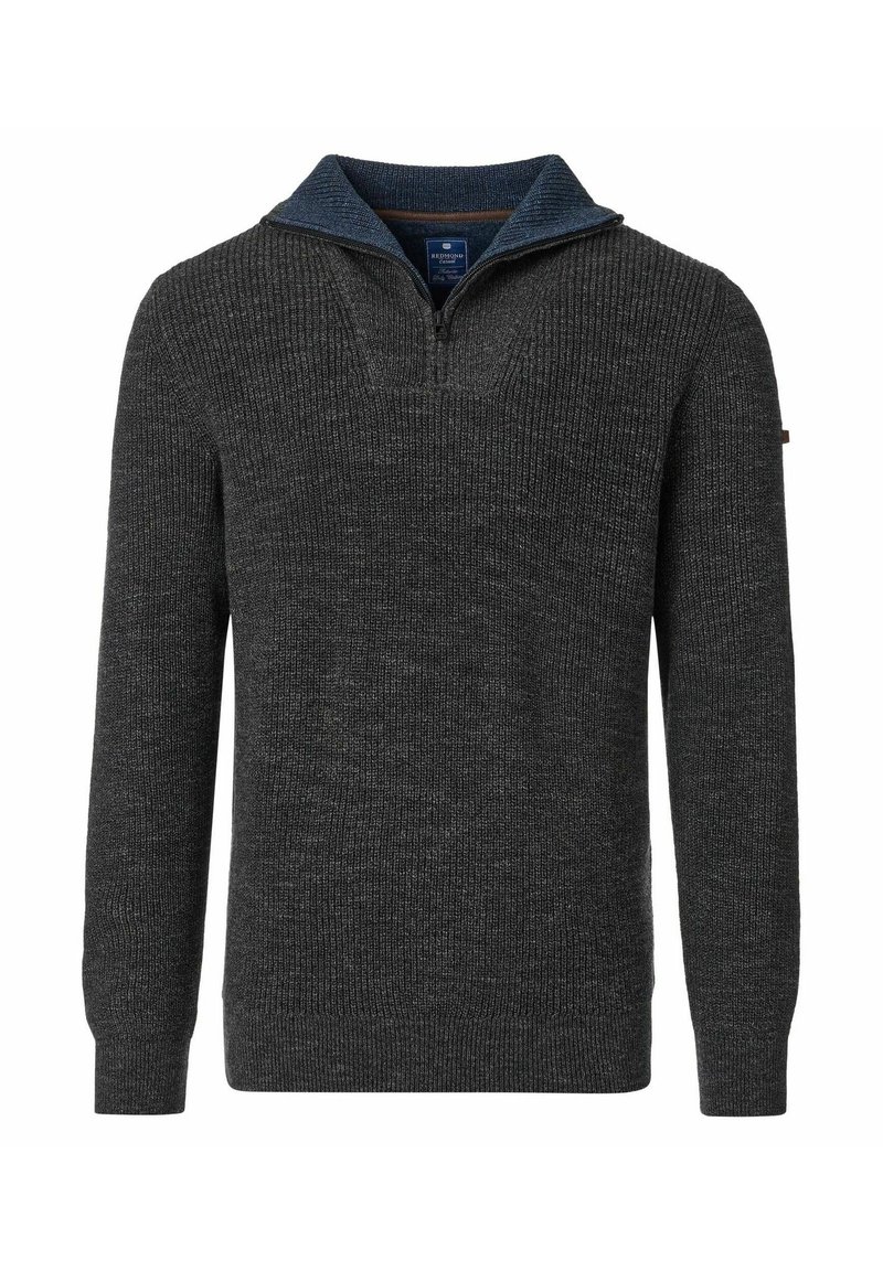 Dunkelgrauer gerippter Pullover mit halbem Reißverschlusskragen, ausgestattet mit einem blauen Innenkragen und schmalen Bündchen. Hergestellt aus strukturiertem Strickstoff.