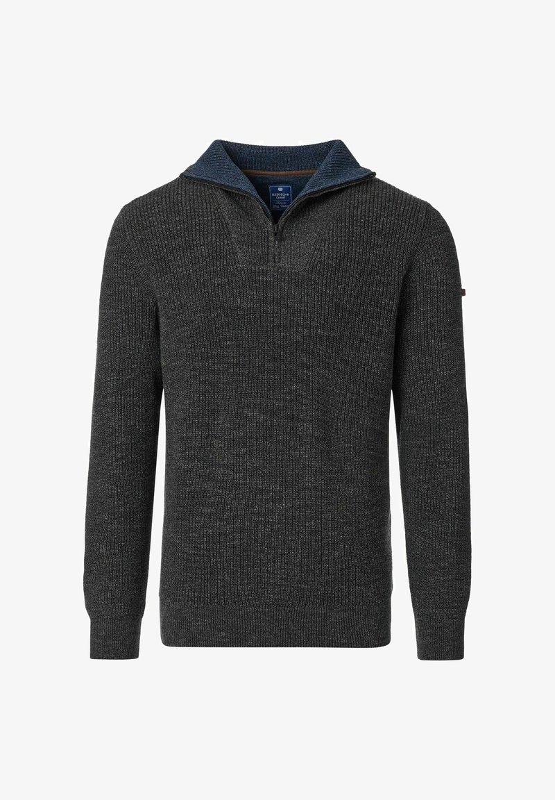 Dunkelgrauer gerippter Pullover mit halbem Reißverschlusskragen, ausgestattet mit einem blauen Innenkragen und schmalen Bündchen. Hergestellt aus strukturiertem Strickstoff.