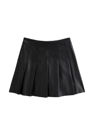 Schwarzer Lederrock mit gefälteltem Design, verfügt über eine taillierte Taille und einen ausgestellten Saum. Glatte Textur ohne sichtbare Muster oder Verzierungen.