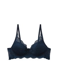 Tmavě modrá krajková podprsenka s vytvarovanými košíčky, květinovým vzorem, nastavitelnými ramínky a vroubkovanými okraji na pásku a výstřihu.