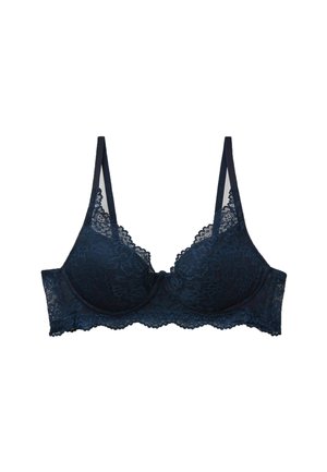 Tmavě modrá krajková podprsenka s vytvarovanými košíčky, květinovým vzorem, nastavitelnými ramínky a vroubkovanými okraji na pásku a výstřihu.
