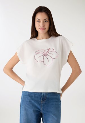 CON STAMPA FIORI E PAILLETTES - T-shirt con stampa - bianco lana