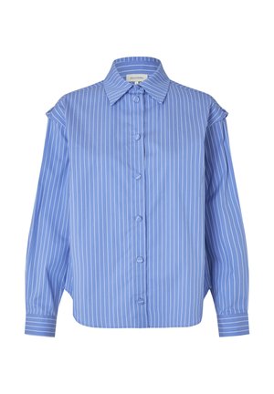 Blauwe button-up shirt gemaakt van gladde stof, met verticale witte strepen, een klassieke kraag en lange mouwen met manchetten.