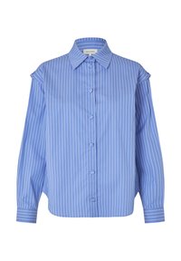 Blauwe button-up shirt gemaakt van gladde stof, met verticale witte strepen, een klassieke kraag en lange mouwen met manchetten.