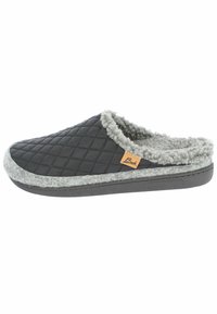 Zwarte gewatteerde slipper met grijze fleece binnenvoering en -zool, voorzien van een gevormde rubberen zool en een klein tan kleurig logo label.
