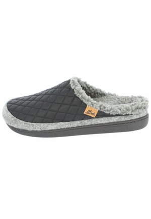 Black quilted slipper with gray fleece inner lining and outsole, featuring a molded rubber sole and a small tan logo tag.