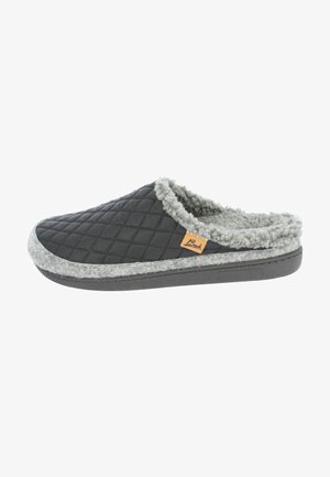 Zwarte gewatteerde slipper met grijze fleece binnenvoering en -zool, voorzien van een gevormde rubberen zool en een klein tan kleurig logo label.