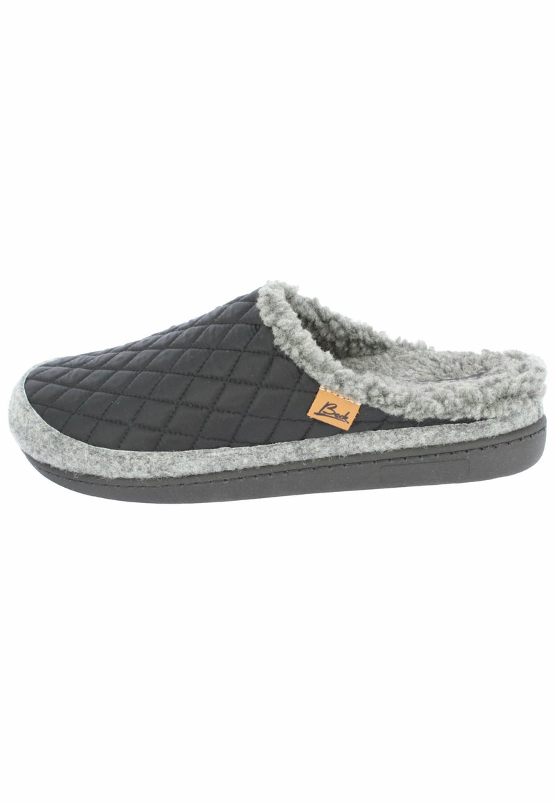 Zwarte gewatteerde slipper met grijze fleece binnenvoering en -zool, voorzien van een gevormde rubberen zool en een klein tan kleurig logo label.