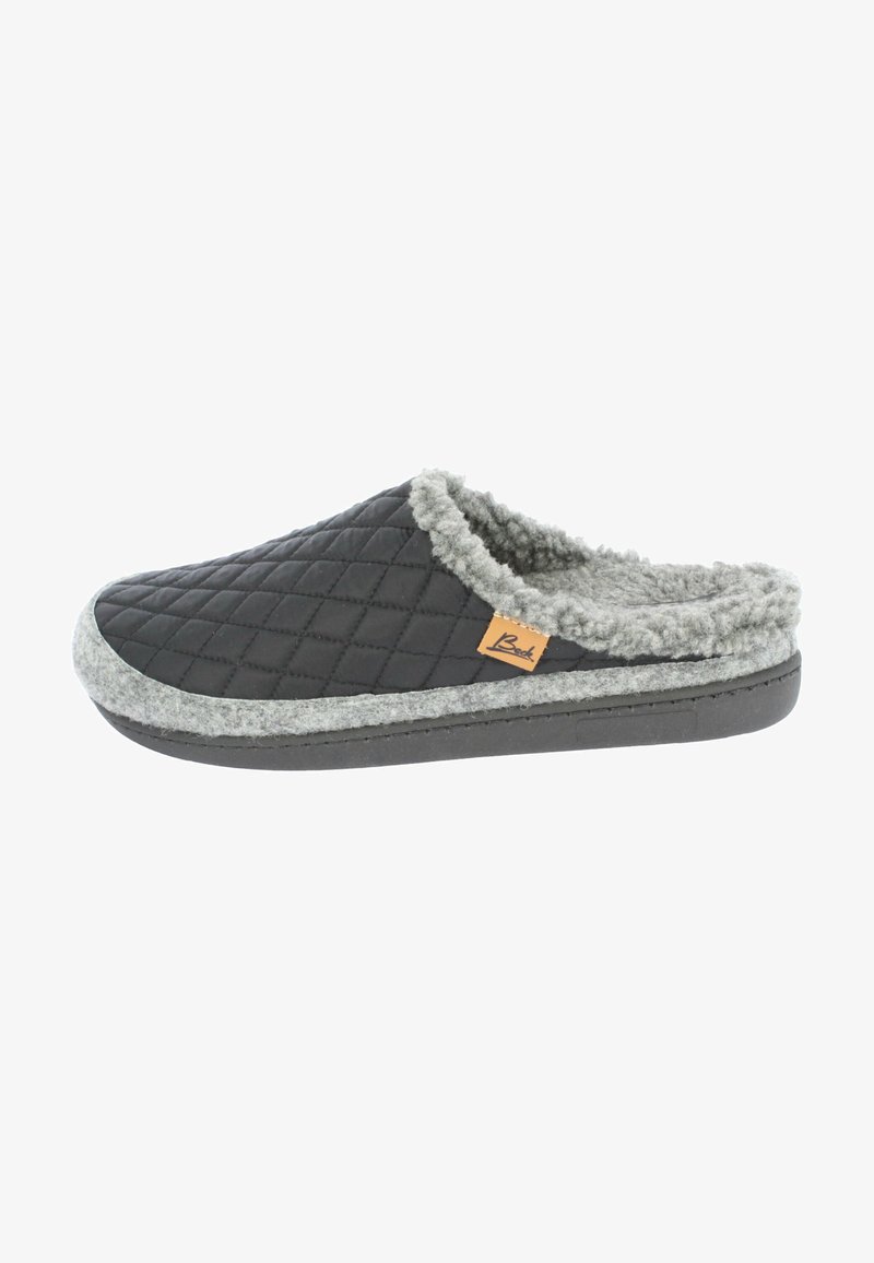 Zwarte gewatteerde slipper met grijze fleece binnenvoering en -zool, voorzien van een gevormde rubberen zool en een klein tan kleurig logo label.