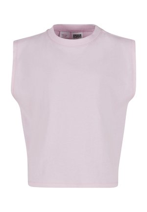 Bezruký svetloružový crop top so širokými ramennými vypchávkami a okrúhlym výstrihom od Urban Classics.
