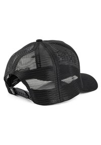 Black baseball cap with a mesh back, curved visor, and adjustable snap closure. Features stitched detailing and a structured front panel.