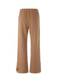 Brown wide-leg pants made from soft fabric with a comfortable elastic waistband and side slits at the hem for added detail.