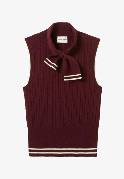 Top sin mangas de punto burdeos con un collar atado y detalles de rayas blancas en el cuello y el dobladillo. Patrón acanalado texturizado en toda la prenda.