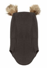 Grau Fleece-Hut mit abgerundeter Form und flauschigen, hellbraunen Pompons oben, versehen mit genähten Nähten und einer weichen Textur.