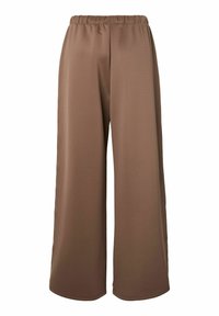 Laiade säärega pruunid püksid, millel on elastne vöökoht ja sile kangas, loodud lõdvestunud ja mugavaks kandmiseks.