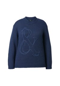 Navyblauer Pullover aus Strick mit Rundhalsausschnitt, der ein strukturiertes Muster und ein Stickdetail von "& love" in hellblau auf der Vorderseite aufweist.