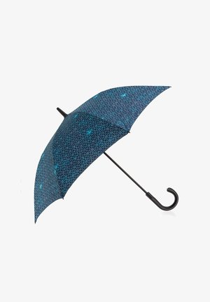 Parapluie ouvert bleu foncé avec des motifs géométriques et d'étoiles bleu clair et une poignée courbée noire.