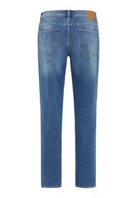 Jeans in denim blu con un design a gamba dritta, dotati di una cintura, cinque tasche e una finitura testurizzata. La vista posteriore mostra cuciture delle tasche curve.