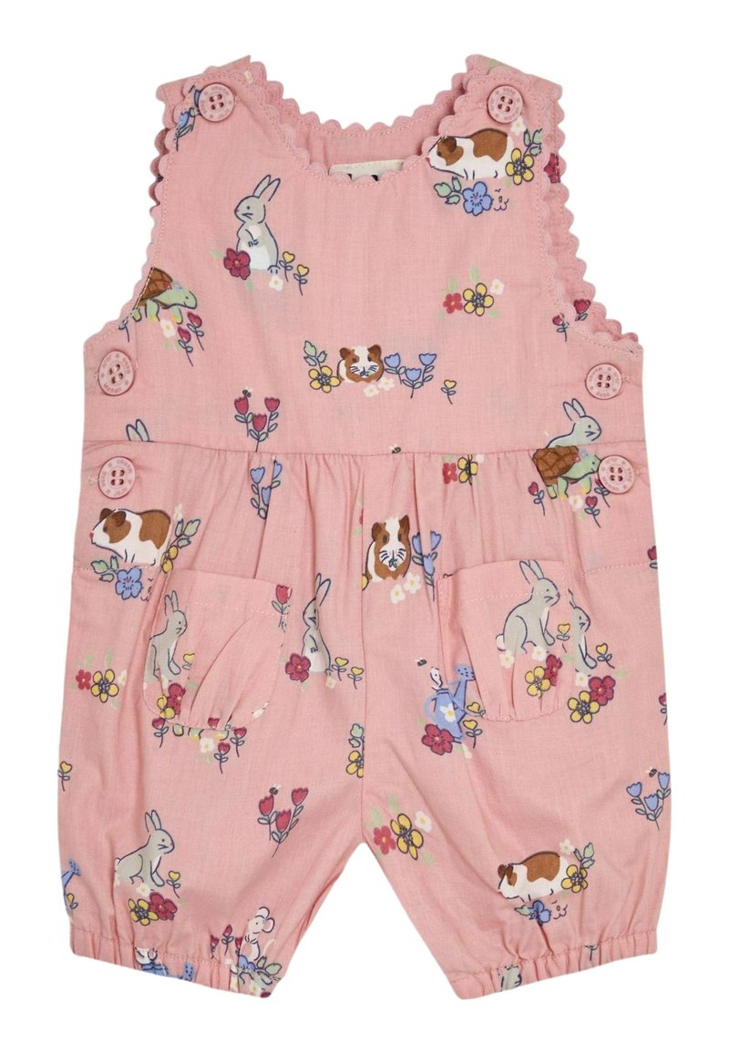 Mono de tela rosa con estampado floral y de animales, que incluye conejos y cobayas. Tiene bordes en forma de ondas y detalles de botones en las tirantes.