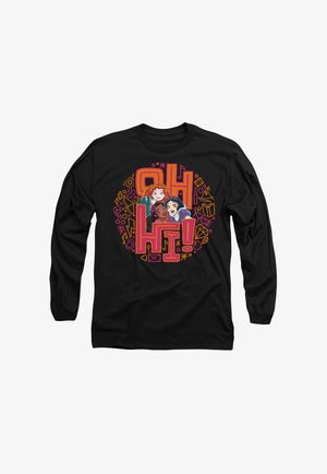 Schwarzes Langarmshirt mit einem bunten Grafikdesign, das drei stilisierte Charaktere und den Text "OH HI!" umgeben von dekorativen Elementen zeigt.
