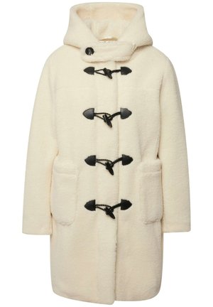 Cappotto plush color crema con cappuccio, dotato di chiusure a toggle nere, due tasche frontali e una superficie testurizzata.