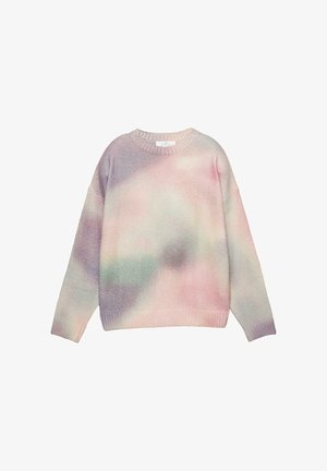 Sweter dzianinowy w pastelowym gradiencie z długimi rękawami, okrągłym dekoltem i prążkowanym wykończeniem. Posiada miękkie tekstury w odcieniach różu, lawendy i zieleni.