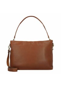 Bolso de mano de cuero marrón con una textura suave, forma rectangular, asa superior única y correa para el hombro desmontable. Presenta herrajes en tono dorado.