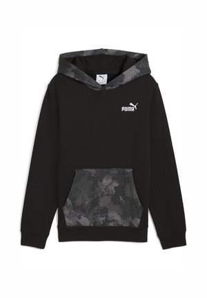 Hoodie noir avec une capuche intérieure et une poche à motif camouflage gris. Fabriqué en tissu doux, il dispose d'une poche kangourou à l'avant et du logo Puma.